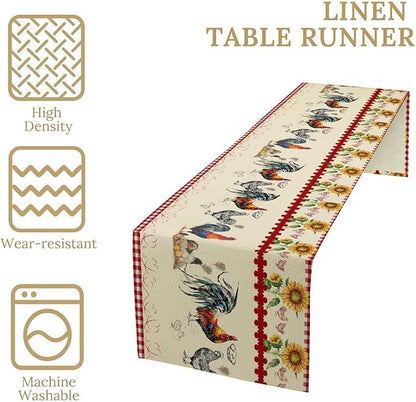 Rustic Rooster Table Runner,Vintage Country Farm Sunflower Chicken Red Plaid Print Tablecloth Burlap for Hotel Indoors Outdoor Dining Room Kitchen Home Decor,W13X L108 in