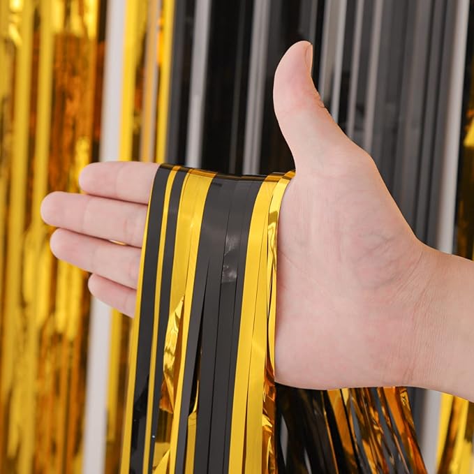 4 Pack Black and Gold Foil Fringe Backdrop Curtains, Tinsel Streamers Birthday Party Decorations, Fringe Backdrop for Graduation, Baby Shower, Gender Reveal, Disco Party