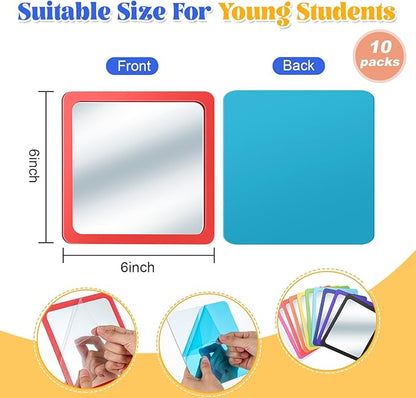 Dandat 10 Pcs Small Mirrors for Kids 6 x 6 Inch Square Shatter Proof Reflector Toddler Glass Plastic Reflector for Classroom DIY Craft Preschool Facial Expression (Rainbow Colors)