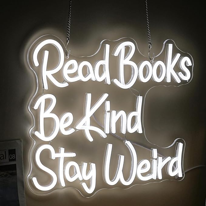 Read Books Be Kind Stay Weird Neon Sign Letter LED White Neon Lights Dimmable USB Powered 14.17’’X13’’Cool Wall Decorative Light Bedroom Bar Birthday Party Decoration Gifts （White)