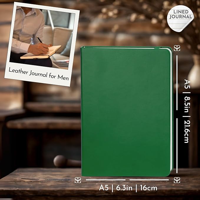 SETTINI Journal Notebook for Writing, Vegan Leather Hardcover Notebook - Pen loop, Back Pockets & Lay-Flat design, 120 GSM A5 College ruled Bleed free Paper, Gift Set for Men and Women, Emerald Green - Birthday Gift