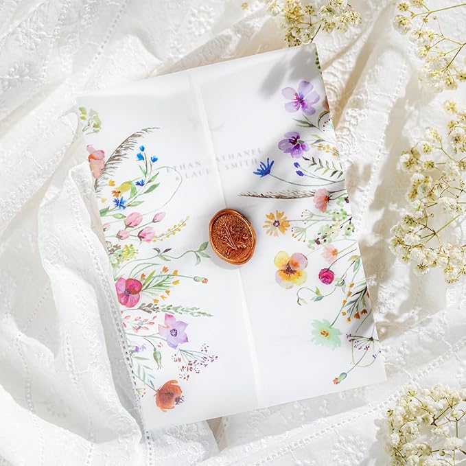 50 Pack Pre-Folded Vellum Jackets for 5x7 Invitations,AZAZA Pretty Translucent Invitation Sleeves,115GSM Vellum Jackets 5x7, Wedding Invitation Accessories,for Weddings Birthdays,Wildflowers