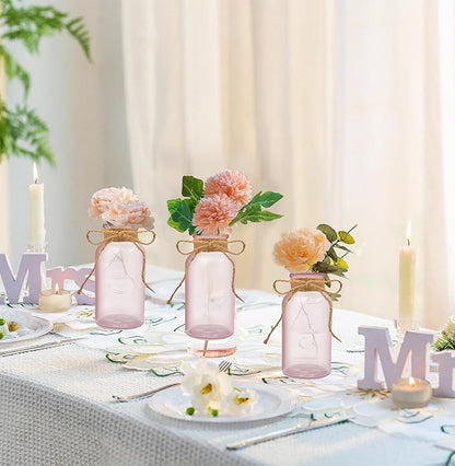 Vintage Glass Flower Vase，6 Pack Pink Farmhouse Glass Centerpiece Vases Mason Jars for Weddings, Parties & Home Decor Bulk (6, Pink)