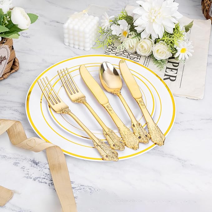 WDF 120PCS Gold Plastic Silverware - Heavy Duty Gold Plastic Cutlery Set Disposable Utensils - 40 Forks, 40 Spoons, 40 Knives, Perfect for Thanksgiving Party/Weeding and Daily Use