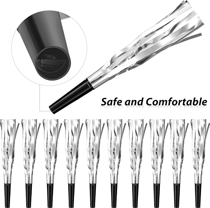 Skylety 24 Pcs Noise Makers Party Favors Silver Blowers Glitter Noise Makers for Sporting Events Fun Party Horns Metallic Fringed Blowers for Birthday Supplies