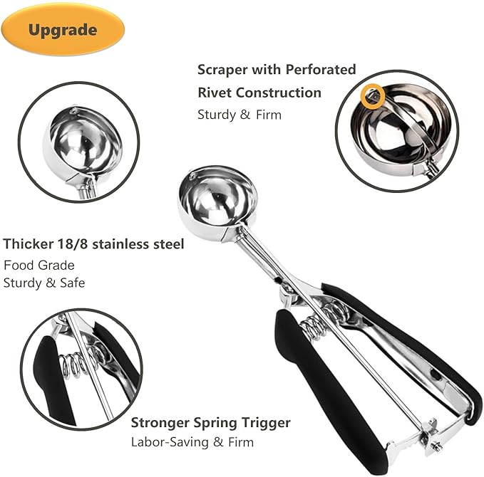 Cookie Scoop Set, 3Pcs Ice Cream Scoop, Cookie Scoops for Baking Set of 3, 18/8 Stainless Steel Cookie Scooper for Baking, Ice Cream Scooper with Trigger Release, Cookie Dough Scoop with Non-slip Grip