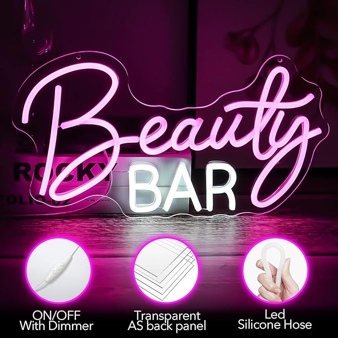 Beauty Bar Neon Sign, Pink Light Up Neon Lights For Wall Decor, Girls Makeup Room Bedroom Decor - Energize Your Space With Magical Ambiance（16.5 X 9 inch）