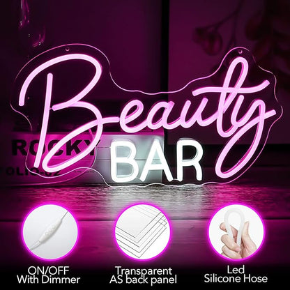 Beauty Bar Neon Sign, Pink Light Up Neon Lights For Wall Decor, Girls Makeup Room Bedroom Decor - Energize Your Space With Magical Ambiance（16.5 X 9 inch）