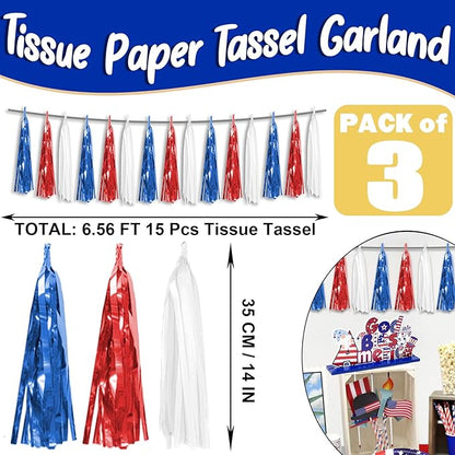 3P Red Blue White Foil Fringe Metallic Tassel Streamers Banner Tassel Garland for Parade Floats, Bachelorette, Wedding, Birthday, Halloween, Christmas, Bridal/Baby Shower Party Decorations