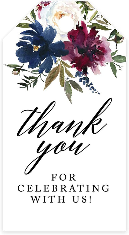 Andaz Press 100-Pack Thank You for Celebrating with Us Favor Tags Navy Blue Burgundy Florals Cardstock Gift Tags with Bakers Twine for Wedding Baby Shower Bridal Shower Party Favors 2 x 3.75-Inches