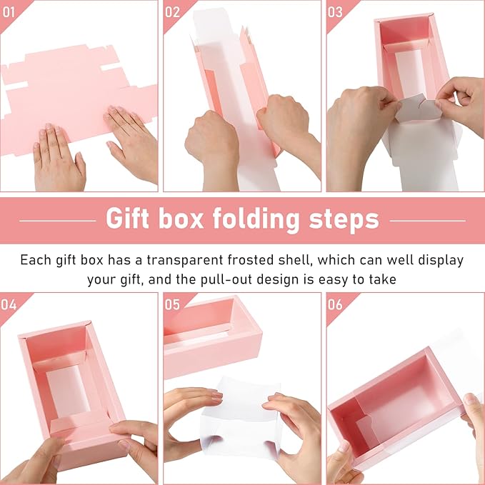 Roowest 50 Sets Kraft Soap Boxes Rectangle Packaging Box with Window Homemade Gift Box with Blank Tags and Jute String for Jewelry Candy Wrapping Party Favor(6.3 x 3.5 x 2 Inch,Pink)