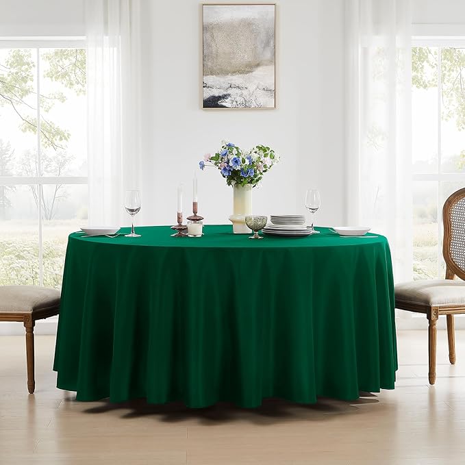 Round Tablecloth 2 Pack 108 Inch Dark Green Tablecloths Washable Decorative Linen Polyester Table Clothes Cover for Dining Table Banquets Buffet Parties and Wedding
