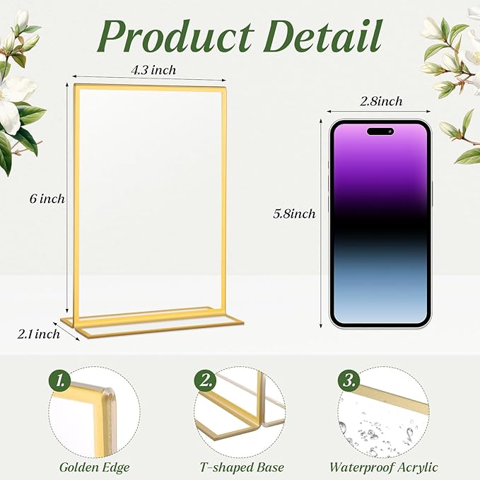 20 Pack Gold Acrylic Sign Holders 4x6 Inch, Double Sided Vertical Stand Clear Picture Frames, Table Menu Display Holders for Wedding Table Numbers, Restaurant Signs, Party and Office Photos