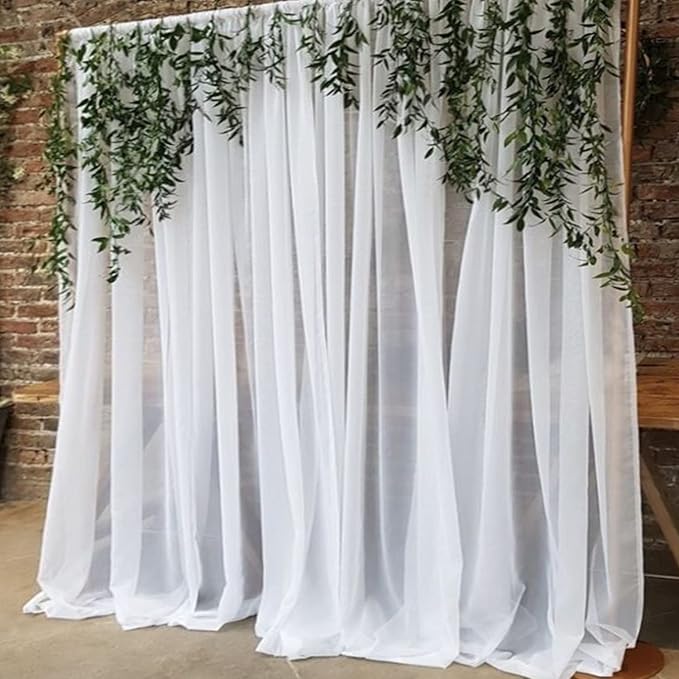 PARTISKY 10x7ft White Chiffon Backdrop Curtains (2 Panels 5x7ft Each) - Wrinkle-Free Sheer Fabric Photo Drapes for Wedding Ceremony Arch Birthday Baby Shower Photography Stage Decor
