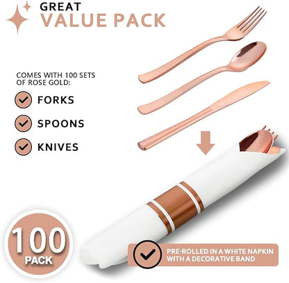 400PCS Pre Rolled Rose Gold Plastic Silverware Sets - Heavy Duty Rose Gold Cutlery - Include 100 Pack Wrapped Disposable Utensils with Napkins for Parties & Dinners & Weddings