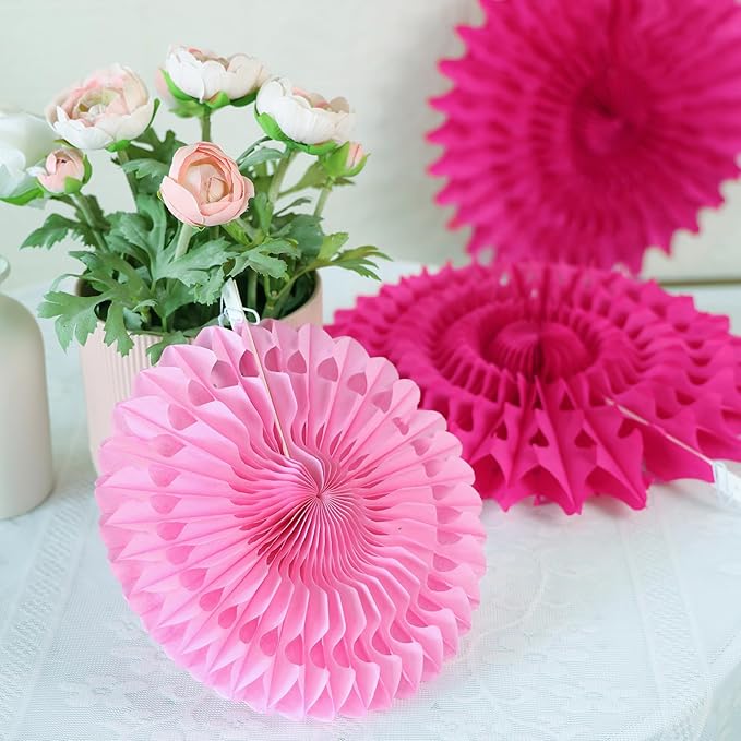 SUNBEAUTY Hanging Honeycomb Paper Fans Hot Pink Party Decorations Fuchsia Pink Birthday Paper Decoration for Wedding Graduation Events Accessories - 12Pcs