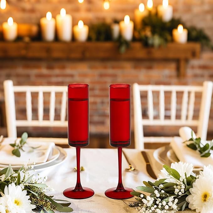24 Pieces Red Champagne Flutes 6 OZ Straight Sided Wine Glasses Champagne Long Stem Drinking Colored Glasses,Set of 24 Hand Blown Champagne Flutes Goblets for Wedding Cocktail Cups,Cava, Prosecco