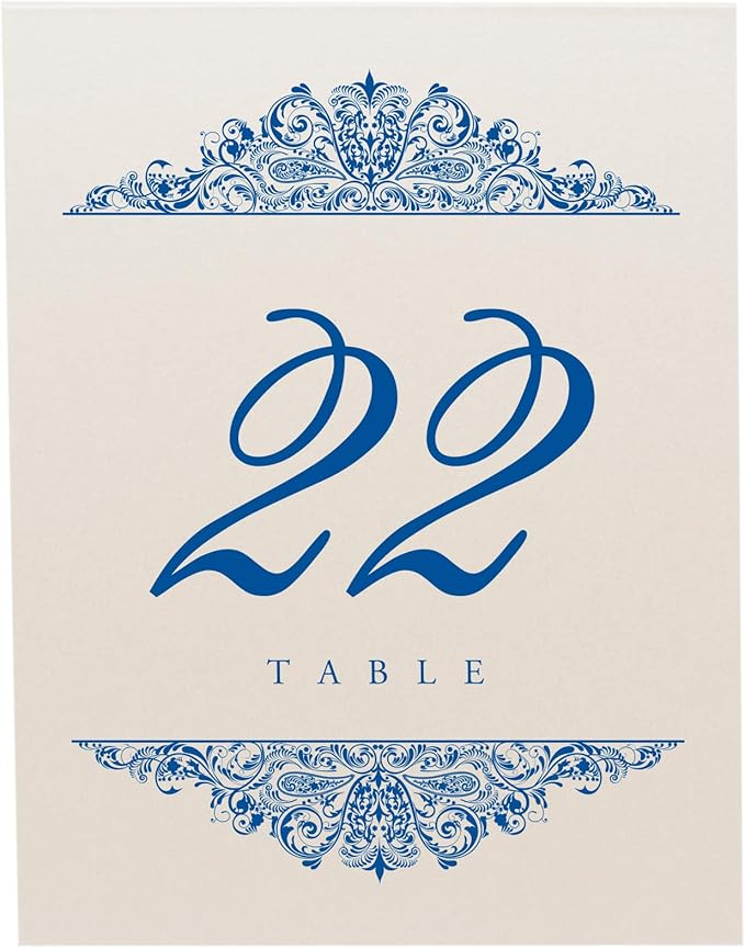 Paisley Wedding Table Numbers (Select Color/Quantity), Champagne, Royal Blue, 1-15, Double Sided, Tent or Use in a Stand, Great for Parties & Restaurants - Made in the USA