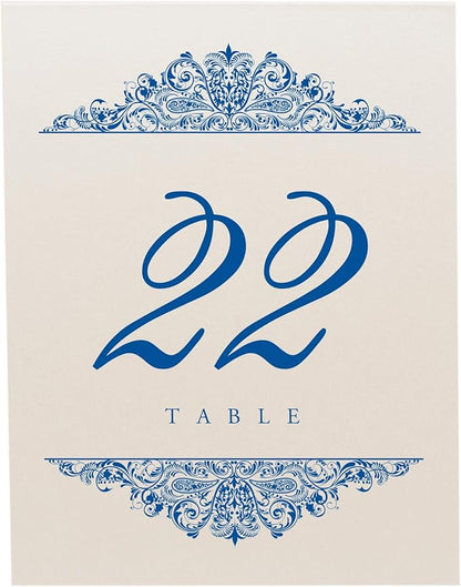 Paisley Wedding Table Numbers (Select Color/Quantity), Champagne, Royal Blue, 1-15, Double Sided, Tent or Use in a Stand, Great for Parties & Restaurants - Made in the USA