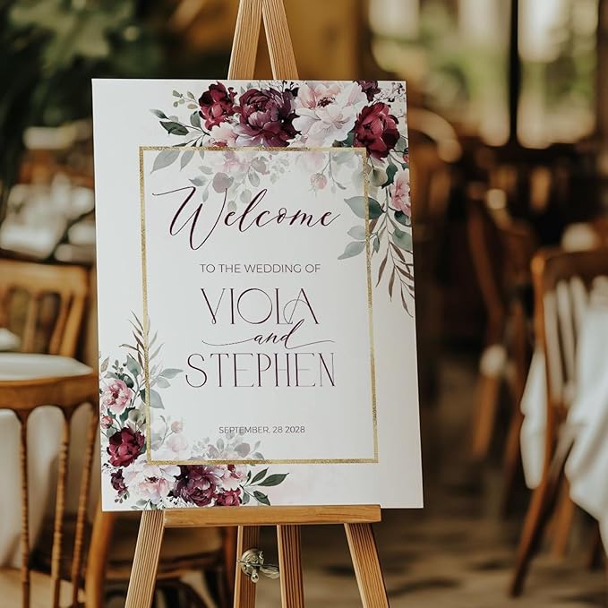 Welcome Wedding Sign Personalized, Burgundy Gold Dusty Pink Wedding Sign Decorations Signage 12" X 18" (Small), 27" (Medium), 36" (Large), Plastic, Modern, Pole Mount, Weather