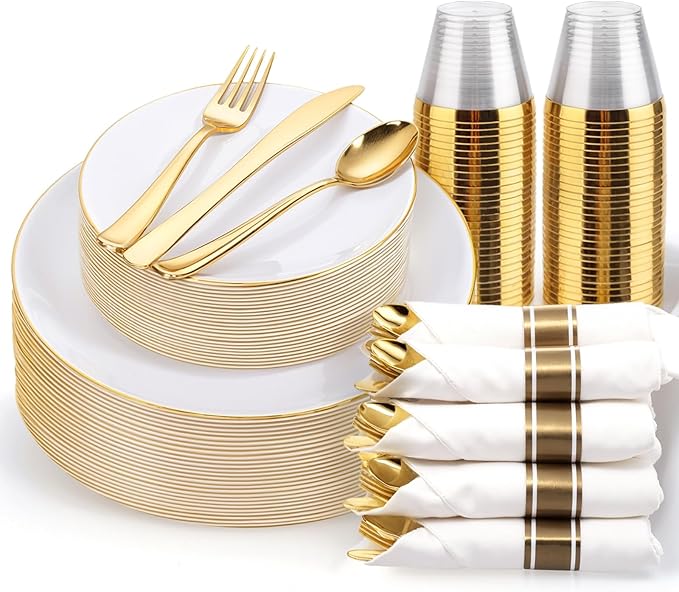 KIRE 175PCS Gold Plates Disposable - Heavy Duty White and Gold Plastic Plates Dinnerware Sets - 25 for Dinner 25 for Dessert 25 Pre Rolled Napkins and 25 Cups for Birthday/Thanksgiving Party/Wedding