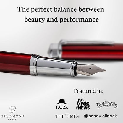 Ellington Pens Luxury Fountain Pen Set- Fountain Pens for Writing - Smooth Medium Nib - Includes Refillable Ink Converter, 3 Ink Cartridges [Black & Blue], Gift Box - Elegant Calligraphy