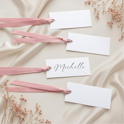 50 Pcs Name Place Cards for Table Setting Blank Wedding Place Cards with Satin Ribbon 1.57 x 3.54 Inch Hanging Gift Tags for Wedding Dinner Banquet Party Table Setting Supplies(Rose Gold)