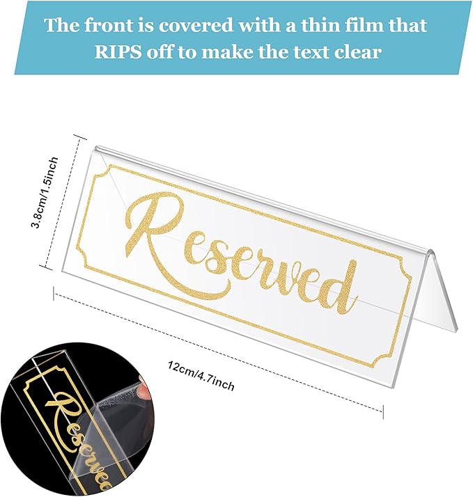 Jetec 16 Pieces Reserved Sign Acrylic Clear Reserved Table Tent Signs Table Number Holders for Wedding Printed Seating Reservation Restaurant Business Office Meeting Party (Gold)