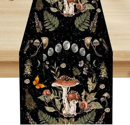 Mushroom Kitchen Table Runner, Boho Vintage Wild Flower Gothic Witchy Moonlit Forest Plant Table Runner for Bedroom Living Room Kitchen Dinner Table, 13x90 Inch