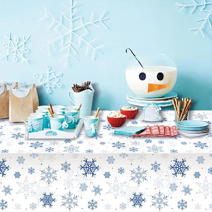 3 Pieces Snowflake Christmas Party Tablecloth Decorations,Plastic White Snowflake White Blue Xmas Backdrop Sign Table Cover Banner for Winter Christmas Holiday Party Supplies,54x108 inch（White/Blue）