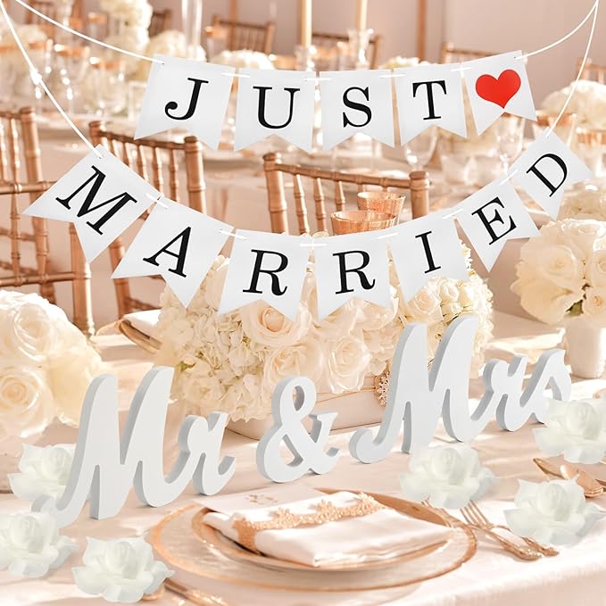 White Wooden Mr and Mrs Signs for Wedding Table, Wooden Wedding Table Signs for Ceremony and Reception - Centerpiece Decorations with Just Married Banner Gifts