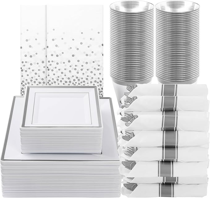 Goodluck 352 Piece Silver Dinnerware Set for 50 Guests, Square Plastic Plates with Silver Trim, Include: 100 Plastic Plates, 50 Rolled Napkins, 50 Cups, 50 Cutlery Set and 2 Tablecloth