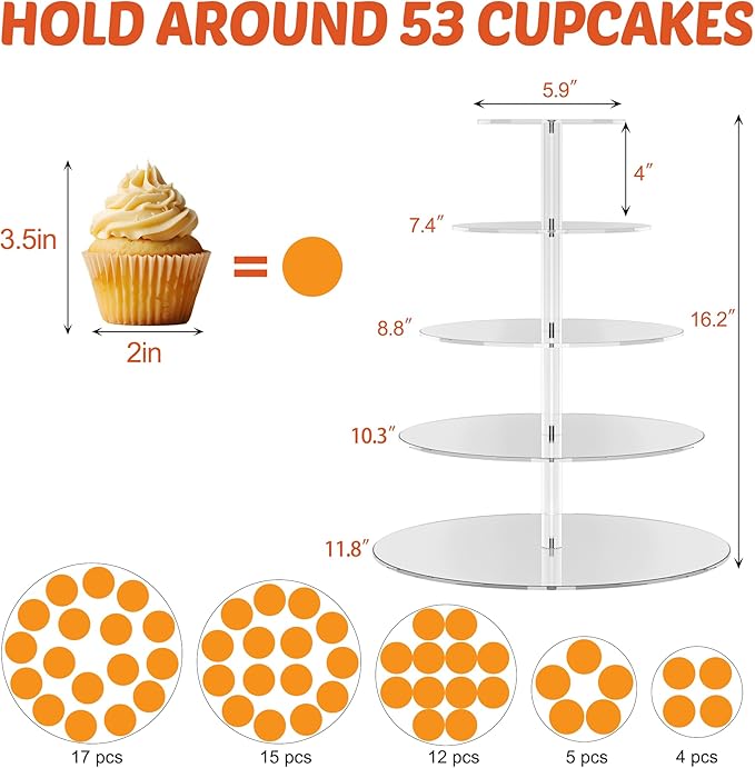 weddingwish 5 Tier Round Cupcake Stand for 50 Cupcakes, Acrylic Cupcake Display Stand, Clear Cupcake Tier Stand, Cupcake Holder Stand for Birthday Party Baby Shower