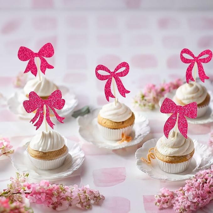 Gyufise 36Pcs Bow Cupcake Toppers Glitter Bowknot Cupcake Picks Bow Tie Birthday Decorations Princess Bow Cupcake Decorations for Bowknot Theme Baby Shower Birthday Party Supplies Rose Red