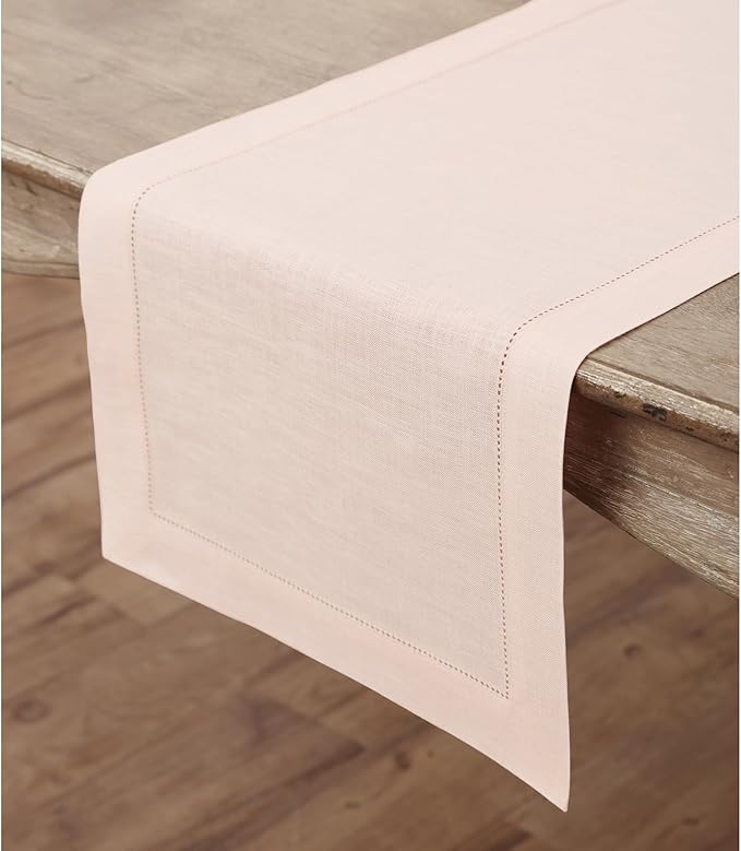 Solino Home Linen Pink Table Runner 132 Inches Long - 100% Pure Linen Extra Long Table Runner 14 x 132 Inch for Halloween - Classic Hemstitch