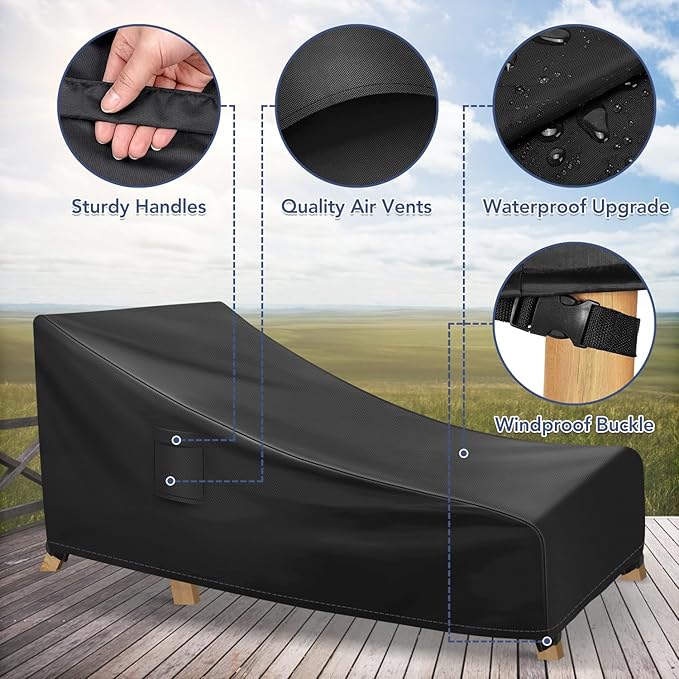 Chaise Lounge Covers Outdoor Waterproof, Heavy Duty Patio Furniture Covers, Fits up to 78L x 34W x 32H inches, 1 Pack, Black