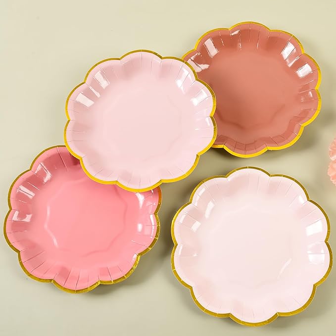 Dusty Pink Gradient Color Dessert Paper Plates 7 inch Gold Foil Scalloped Edge Disposable Cake Plates for Tea Party Birthday Bridal Baby Shower Wedding Party Supplies (24, Dusty Pink)