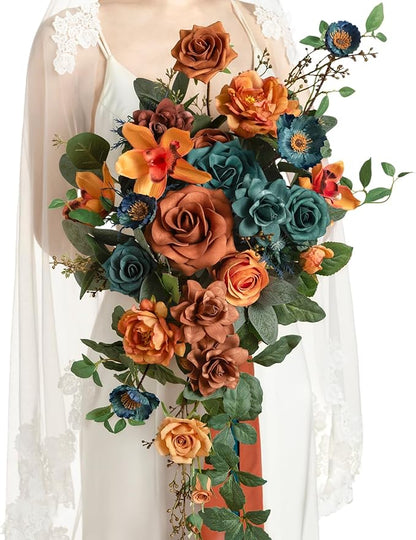 Ling's moment Teal Bridal Bouquet Cascading, Burnt Orange Wedding Bouquets for Bride, 13 Inch Terracotta Rust Fall Artificial Wedding Flower Bouquet