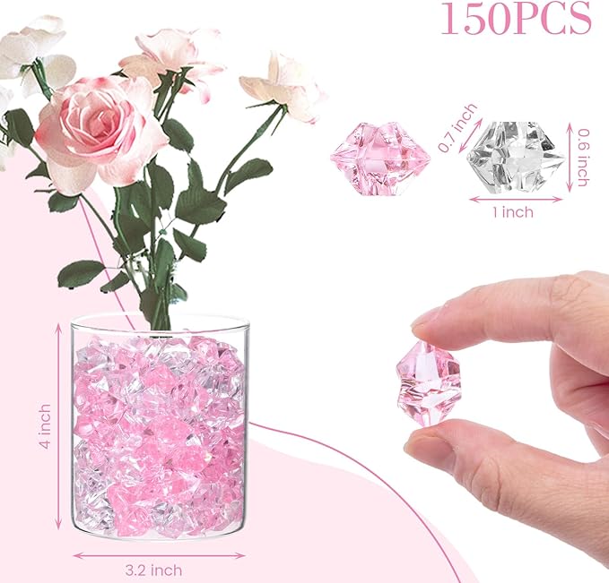 DomeStar Fake Ice, 150PCS Acrylic Fake Diamonds Vase Fillers Pink and Transparent Rocks Plastic Gems for Party Table Scatter Decor