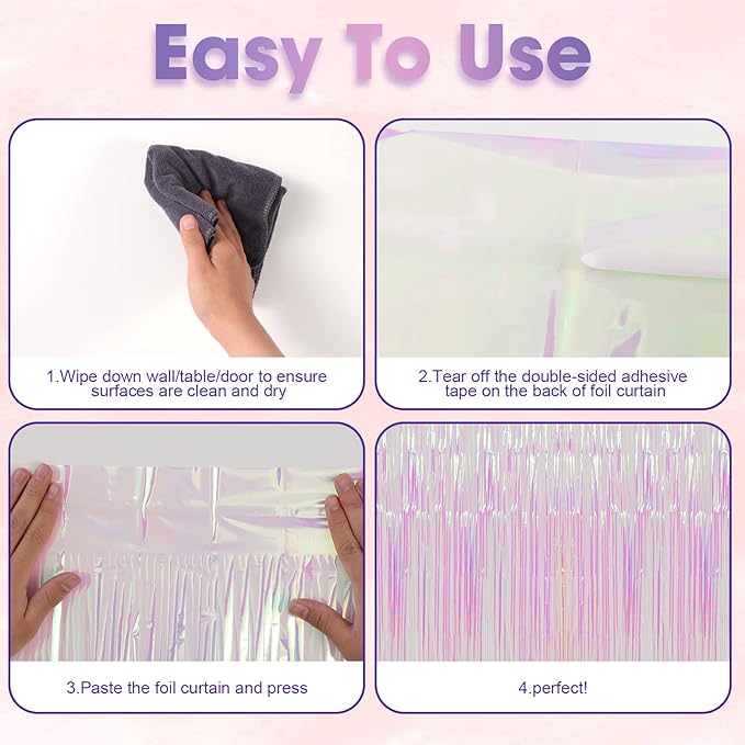 4 Pack Iridescent Transparent Foil Fringe Backdrop Curtains, Tinsel Streamers Birthday Party Decorations, Fringe Backdrop for Graduation, Baby Shower, Gender Reveal, Disco Party