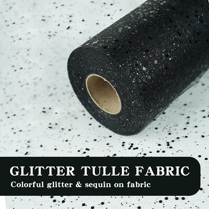 Glitter Tulle Rolls, 6” by 50 Yards (150FT) Sparkling Tulle Spool Ribbon Sequin Tulle Netting Fabric for Tutu Skirt Wedding Birthday Baby Shower (Black)