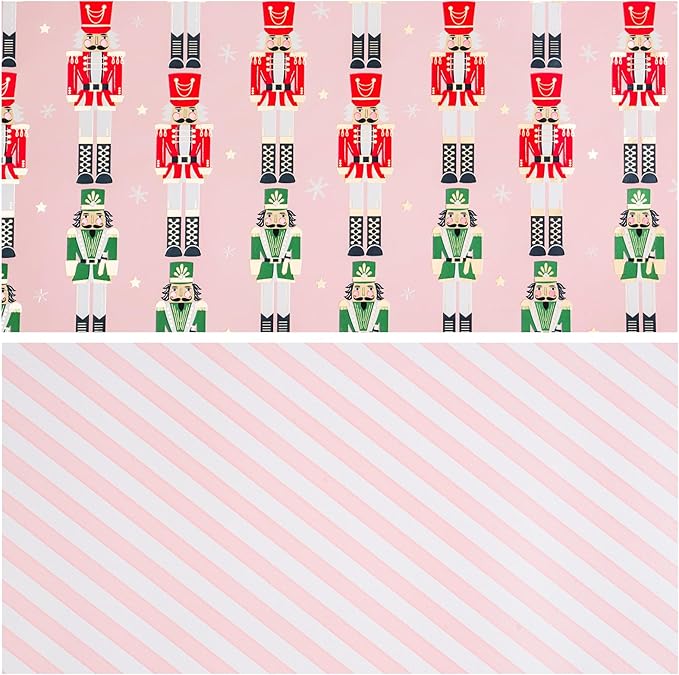 LeZakaa Christmas Pink Wrapping Paper Jumbo Roll for Kids, Pink Metallic Foil Gift Wrap Paper with Red & Green Nutcracker Soldier & Stripe Reversible Design, 30 inches x 32.8 Feet