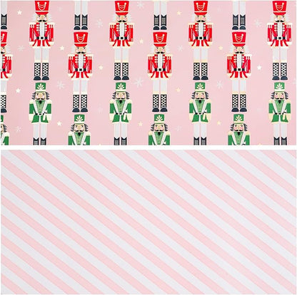LeZakaa Christmas Pink Wrapping Paper Jumbo Roll for Kids, Pink Metallic Foil Gift Wrap Paper with Red & Green Nutcracker Soldier & Stripe Reversible Design, 30 inches x 32.8 Feet