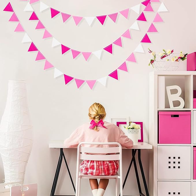 Hot Pink Party Decorations - Ombre Rose Pink Felt Hanging Triangle Mini Bunting Pennant Banner Flag for Birthday, Wedding, Baby Shower, Bridal Shower, Bachelorette, Girl Party, Classroom