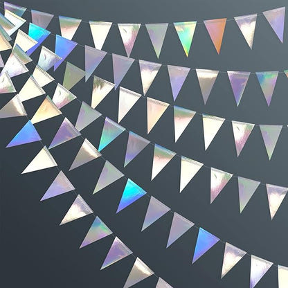 40Ft Iridescent Party Decorations Holographic Hanging Triangle Pennant Banner Flag Bunting Garland for Graduation Birthday Anniversary Engagement Wedding Bridal Baby Shower Disco Hen Party Supplies