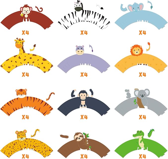 48 Pcs Jungle Safari Animal Cupcake Wrappers Wild Party Cake Decorations Jungle Wild Cake Wrappers for Baby Shower Birthday Themed Decorations Safari Party Supplies