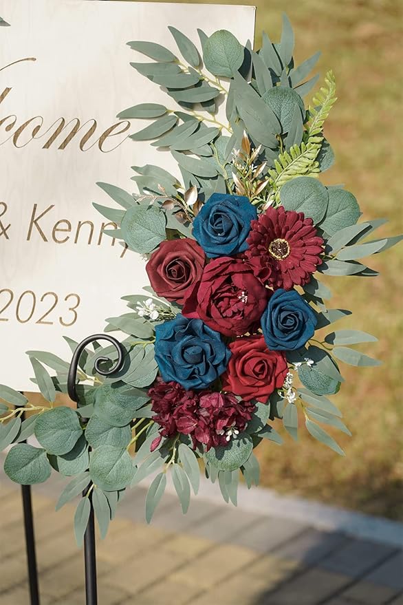 ponatia Wedding Arch Flowers (Pack of 2), Burgundy and Navy Flowers Wedding Decorations for Wedding Welcome Signs, Wedding Arches for Ceremony Reception