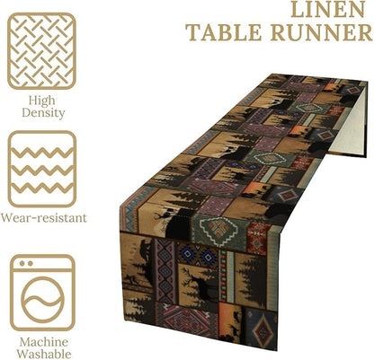 Rustic Cabin Bear Aztec Table Runner, Retro Brown Bear Rustic Theme Geometry Decoration for Home Dinner Party Living Room Bedroom Table Runner 13x36 Inch
