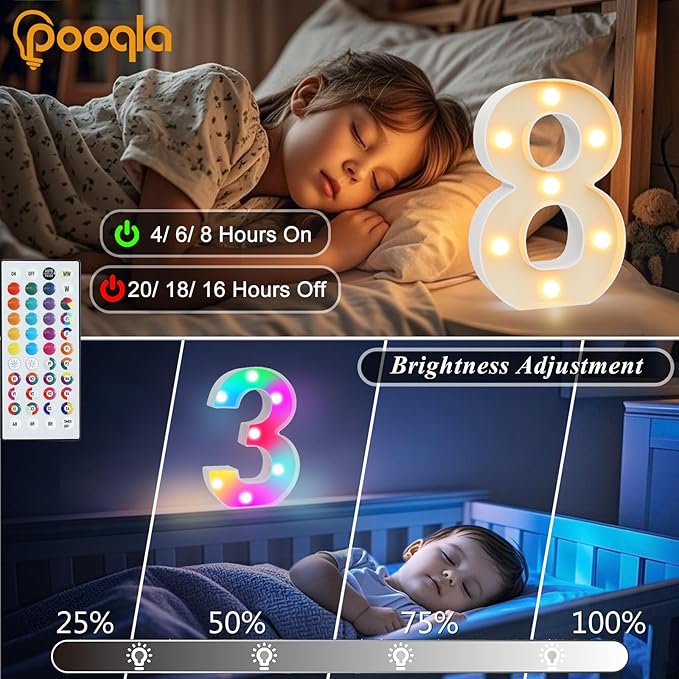 Pooqla Colorful Light Up Numbers, 35 Colors LED Marquee Number Lights for 3rd Birthday Decorations with Remote, RGB Lighted Numbers for Party, Wedding, Bar, Night Light, Home Decor, Number 3