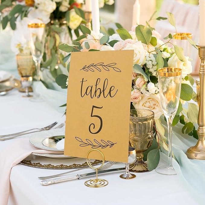 Wedding Table Numbers 1-25, 25 Karft Cards with 25 Gold Holders, 1 Set of 25 Table Numbers for Wedding Reception, Birthday Party (Card and Holder)